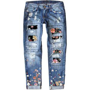 Womens Plaid Patch Ripped Boyfriend Skinny Denim Jeans Stretch Casual